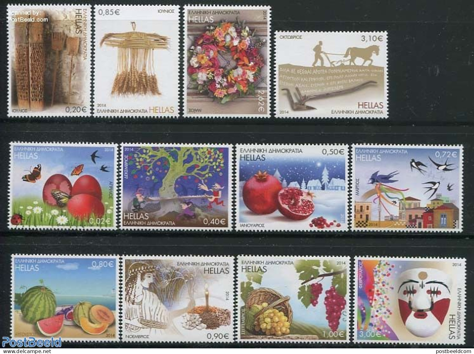 Greece 2014 12 Months In Folk Art 12v, Mint NH, Nature - Various - Birds - Butterflies - Fruit - Horses - Wine & Winer.. - Unused Stamps