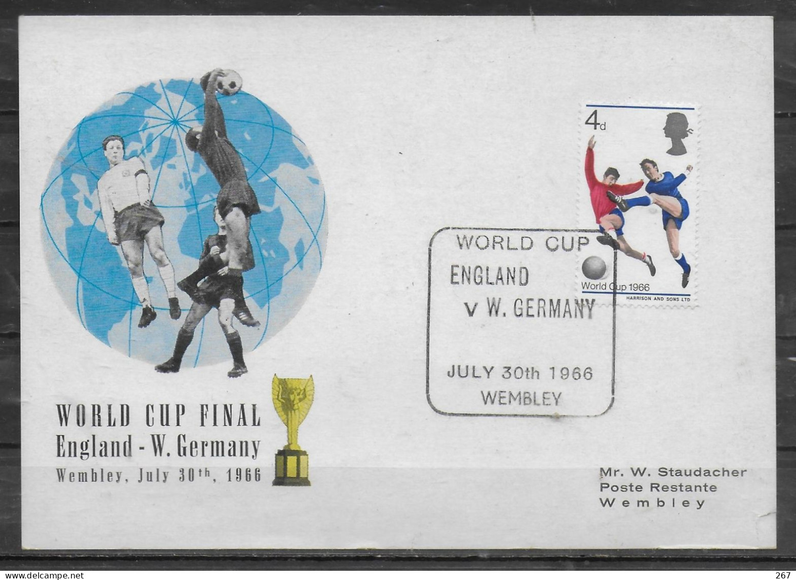 GRANDE BRETAGNE  Carte FDC  Cup 1966 Football Soccer Fussball Finale Angleterre Allemagne - 1966 – England