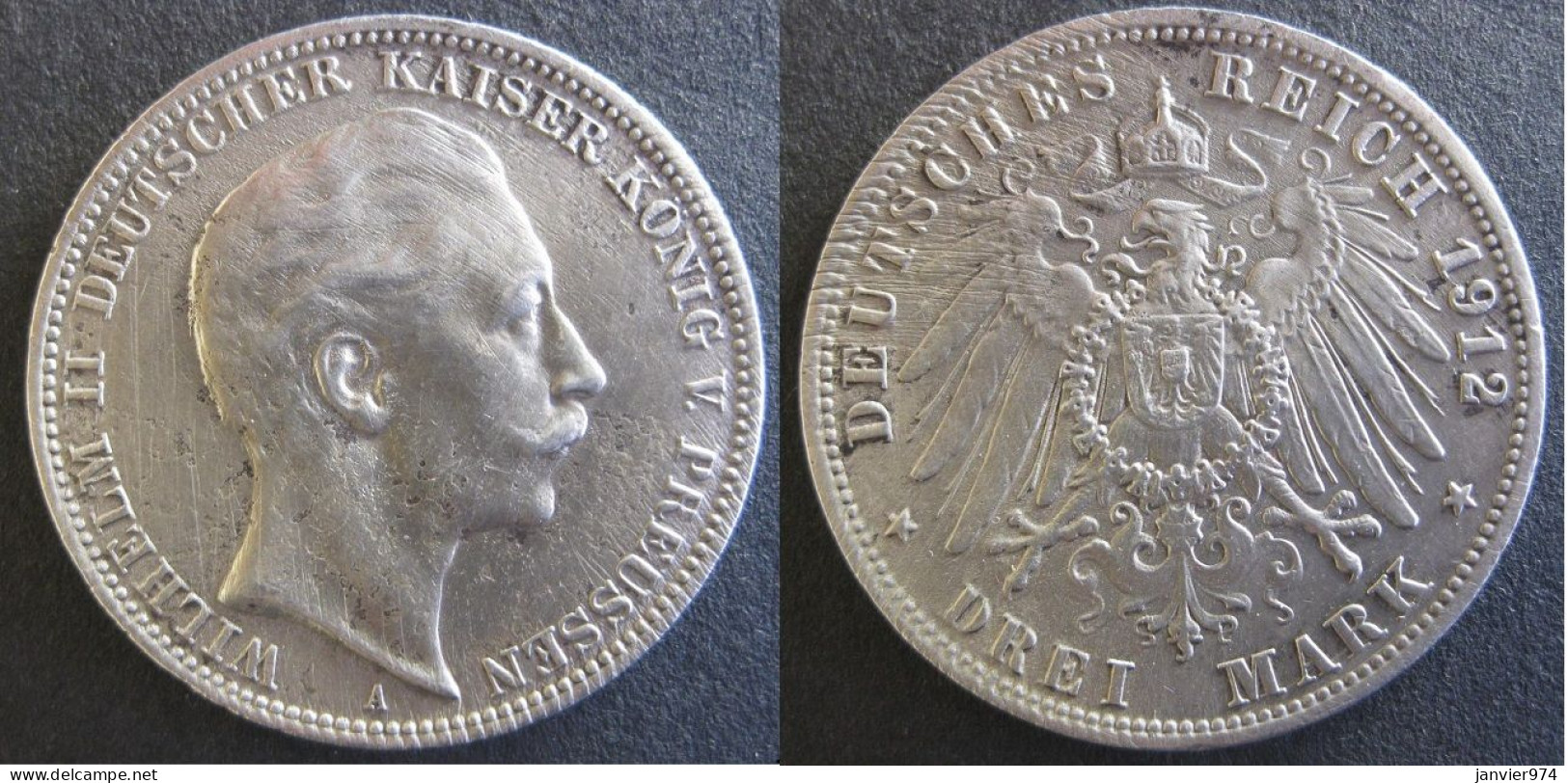 Allemagne. Prusse 3 Mark 1912 A Berlin, Wilhelm II , KM# 527 , En Argent - 2, 3 & 5 Mark Plata