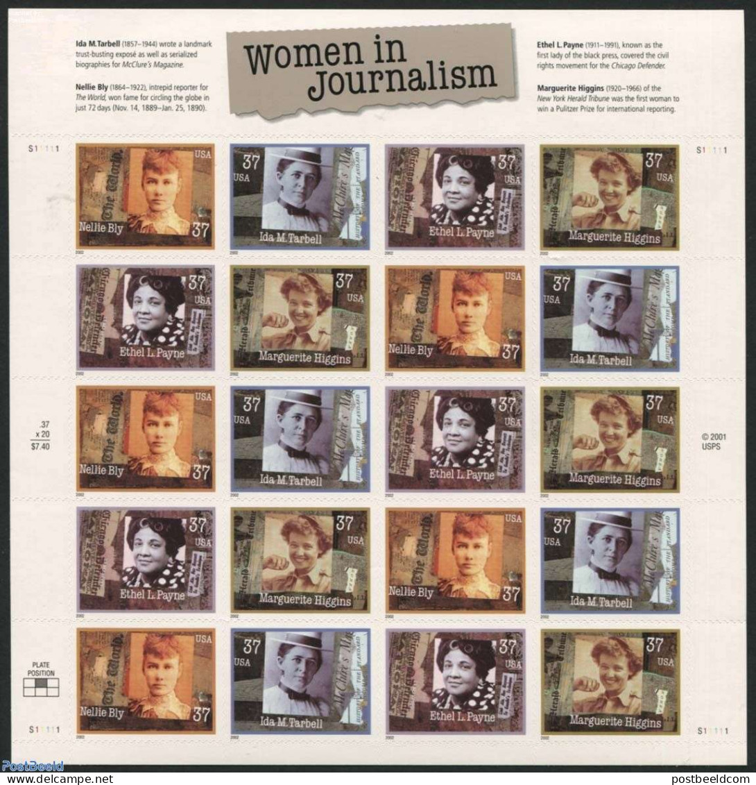 United States Of America 2002 Women In Journalism M/s, Mint NH, History - Newspapers & Journalism - Women - Neufs