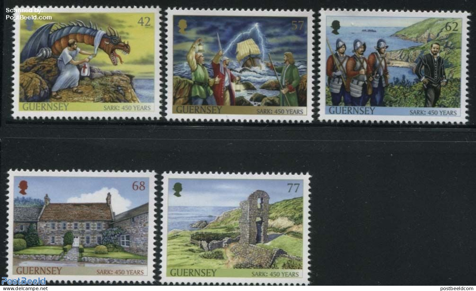Guernsey 2015 Sark 450 Years 5v, Mint NH, History - Nature - Transport - History - Militarism - Reptiles - Ships And B.. - Militares