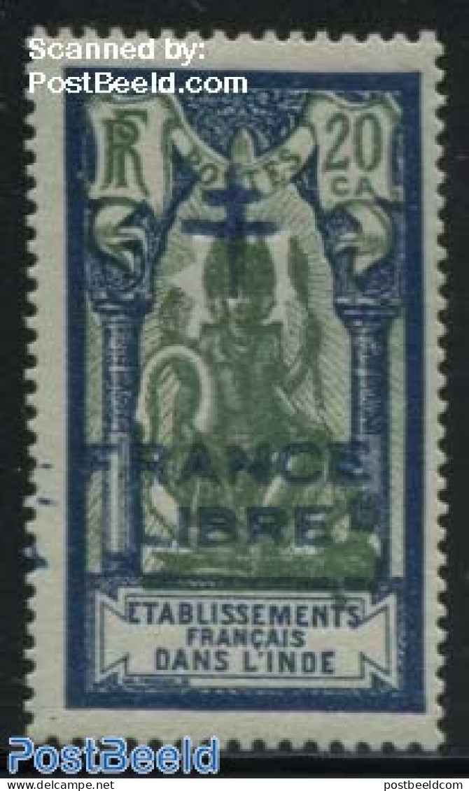 French India 1941 20Ca, Blue Overprint, Stamp Out Of Set, Mint NH - Nuevos