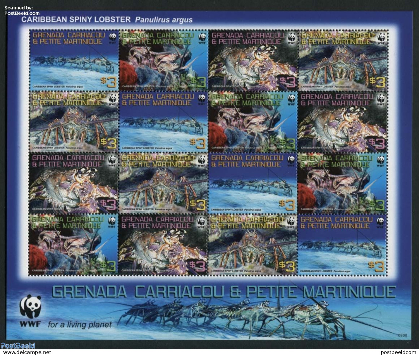 Grenada Grenadines 2009 Spiny Lobster M/s With 4 Sets, Mint NH, Nature - Shells & Crustaceans - World Wildlife Fund (W.. - Marine Life