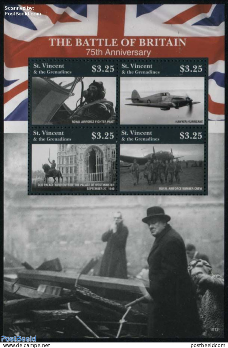 Saint Vincent 2015 Battle Of Britain 4v M/s, Mint NH, History - Nature - Religion - Transport - Churchill - Flags - Wo.. - Sir Winston Churchill