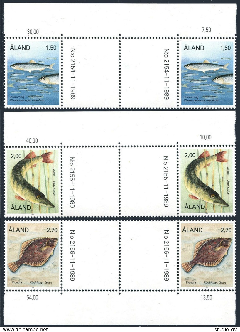 Finland-Aland 36-43-48 Gutter Pairs, MNH. Michel 38-40. Fish 1989. - Aland