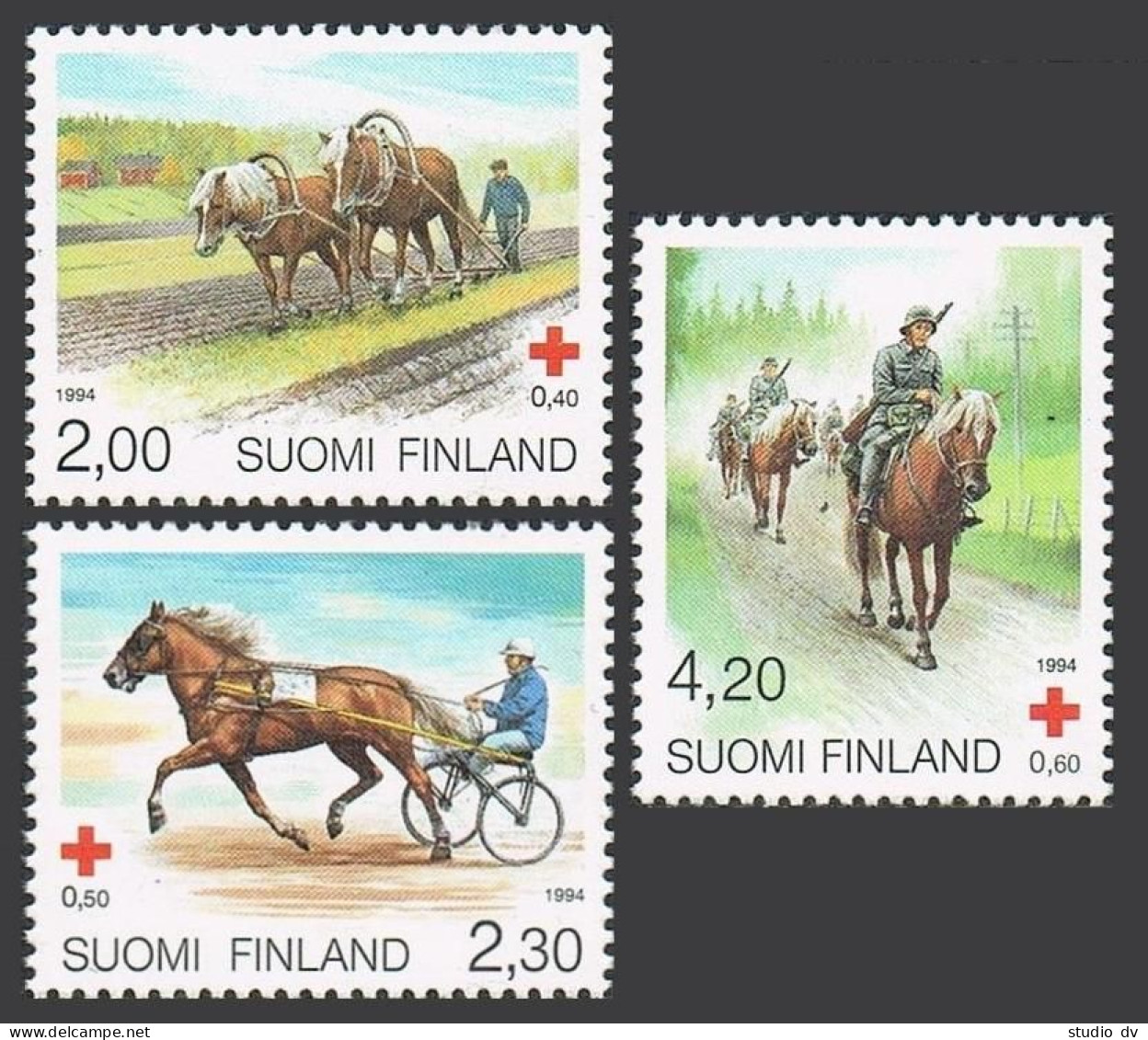 Finland B249-B251 Sheets/20, MNH. Red Cross-1994. Horses:Draft, Trotter, War. - Nuevos