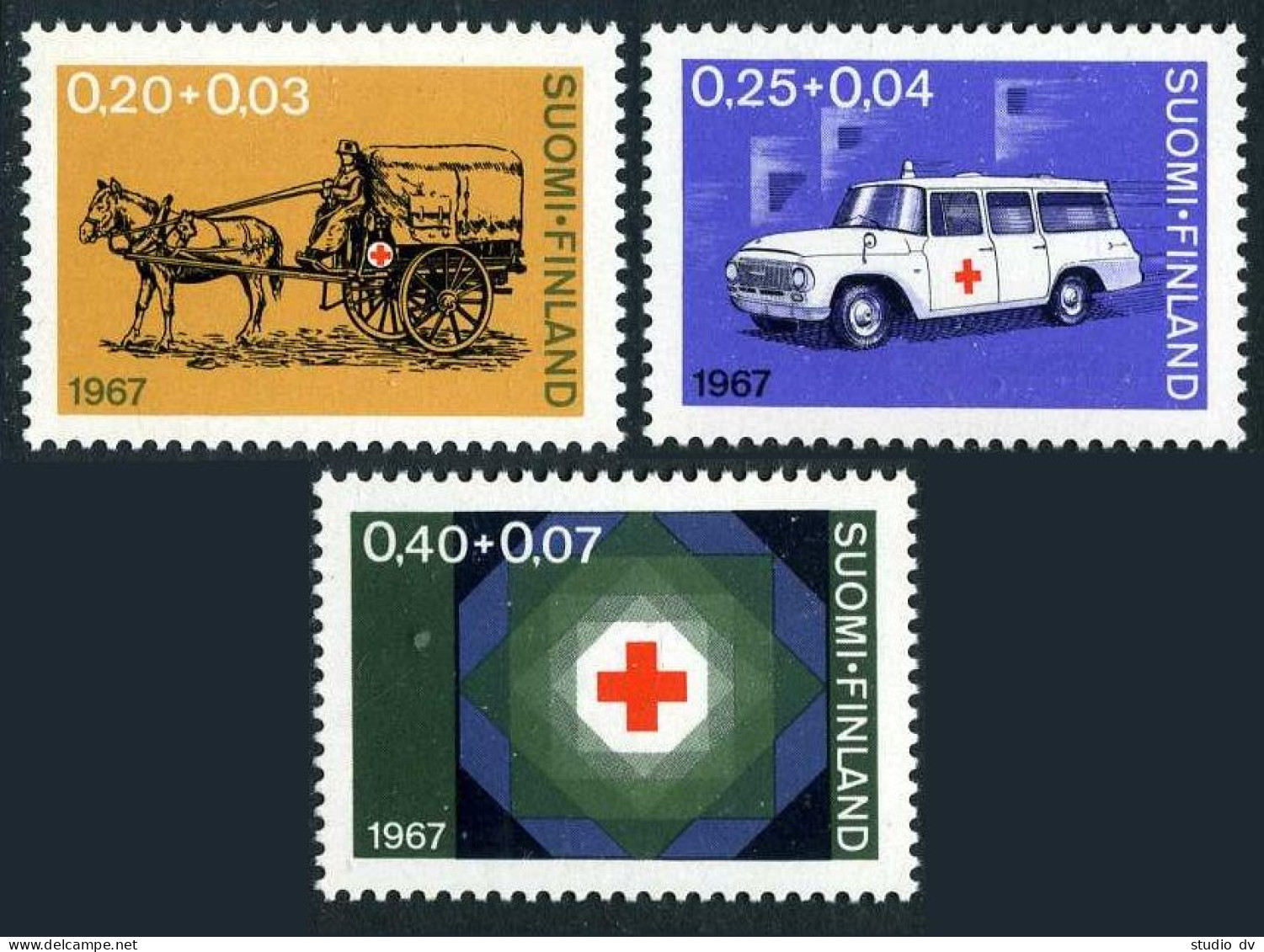 Finland B182-B184, MNH. Michel 630-632. Red Cross-1967. Horse-drawn Ambulance. - Nuovi