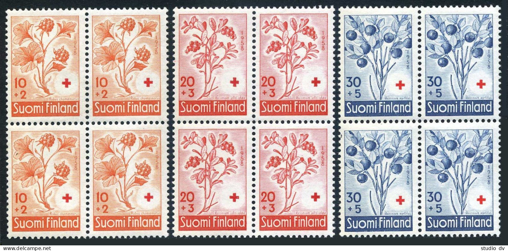 Finland B151-B153 Blocks/4, MNH. Michel 499-501. Red Cross-1958. Berries. - Nuovi
