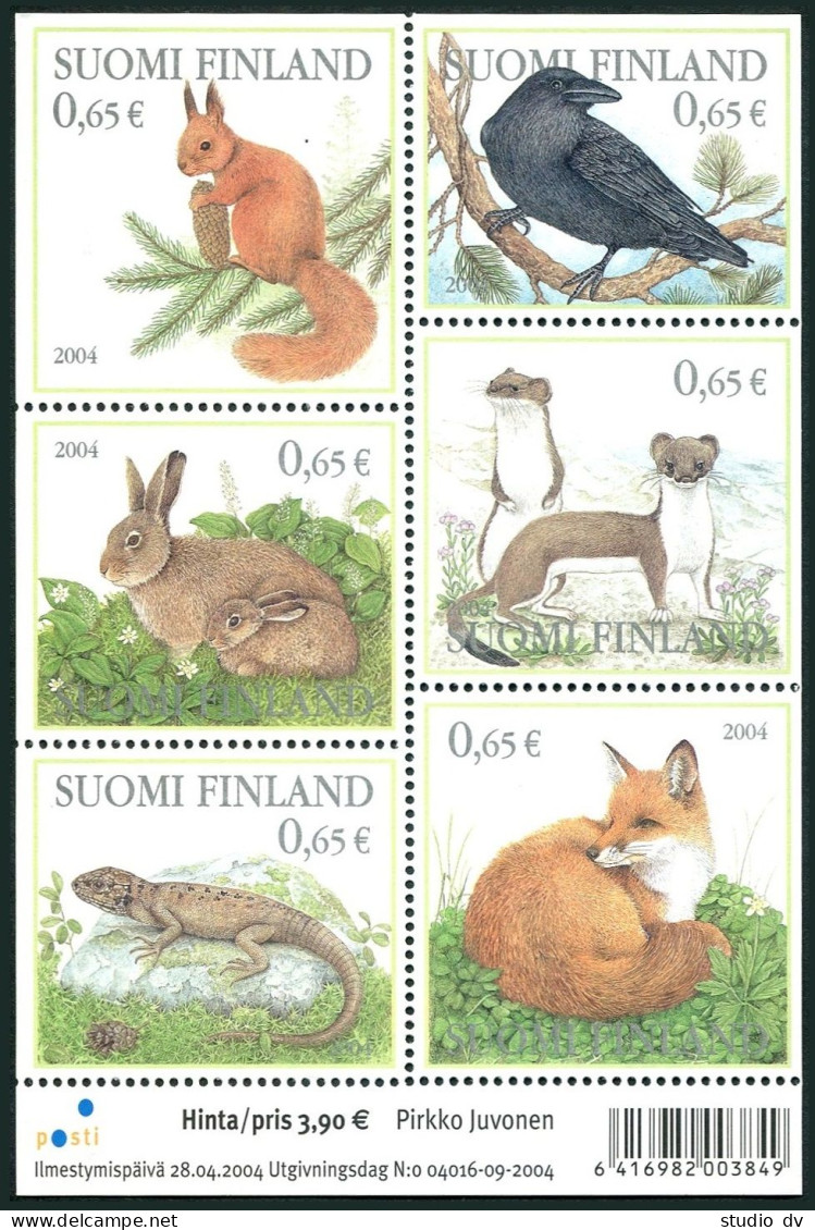 Finland 1214 Sheet,MNH. Forest Animals.2004.Squirrel,Raven,Hare,Stoat,Lizard,Fox - Unused Stamps