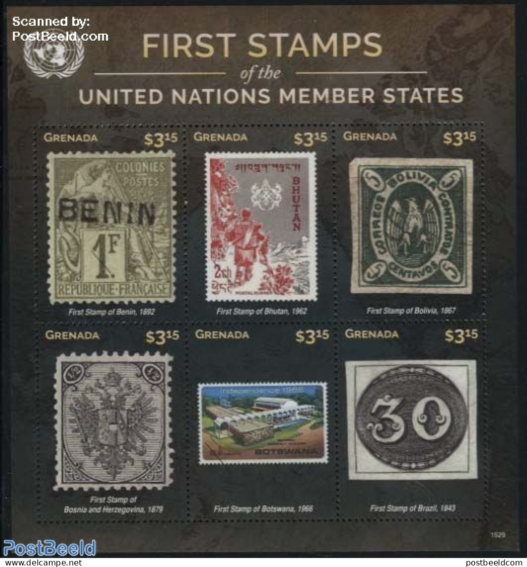 Grenada 2015 First Stamps, B 6v M/s, Mint NH, History - United Nations - Stamps On Stamps - Stamps On Stamps