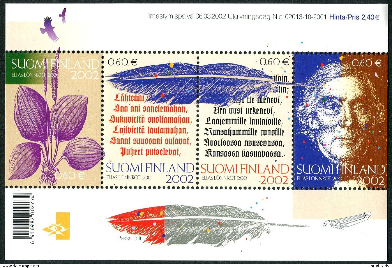 Finland 1174 Ad Sheet, MNH. Elias Lonnrot, Botanist, Linguist, 2002. - Ungebraucht