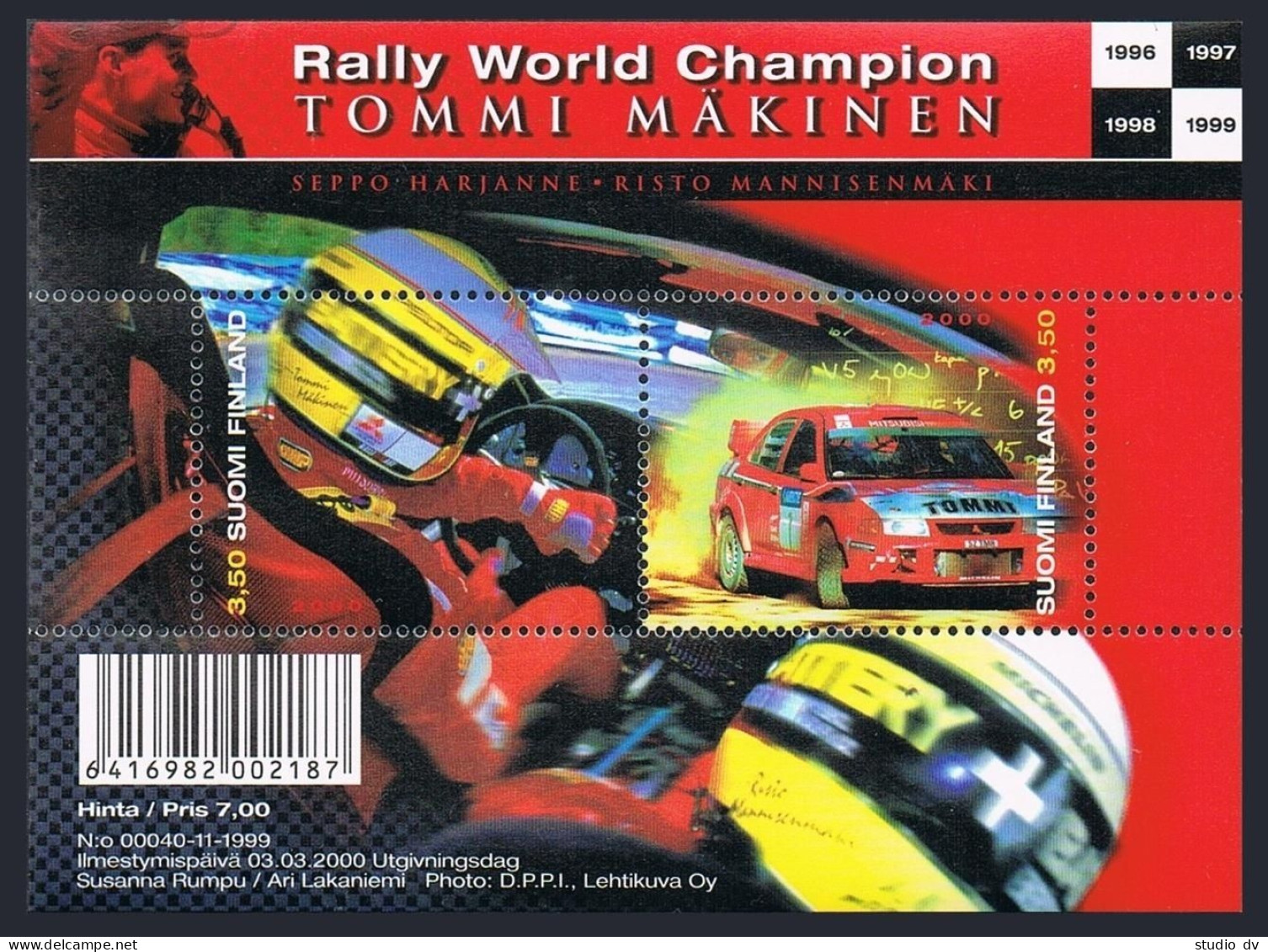 Finland 1125 Ab Sheet, MNH. Tommi Makinen, 1999 Rally World Champion, 2000. - Neufs