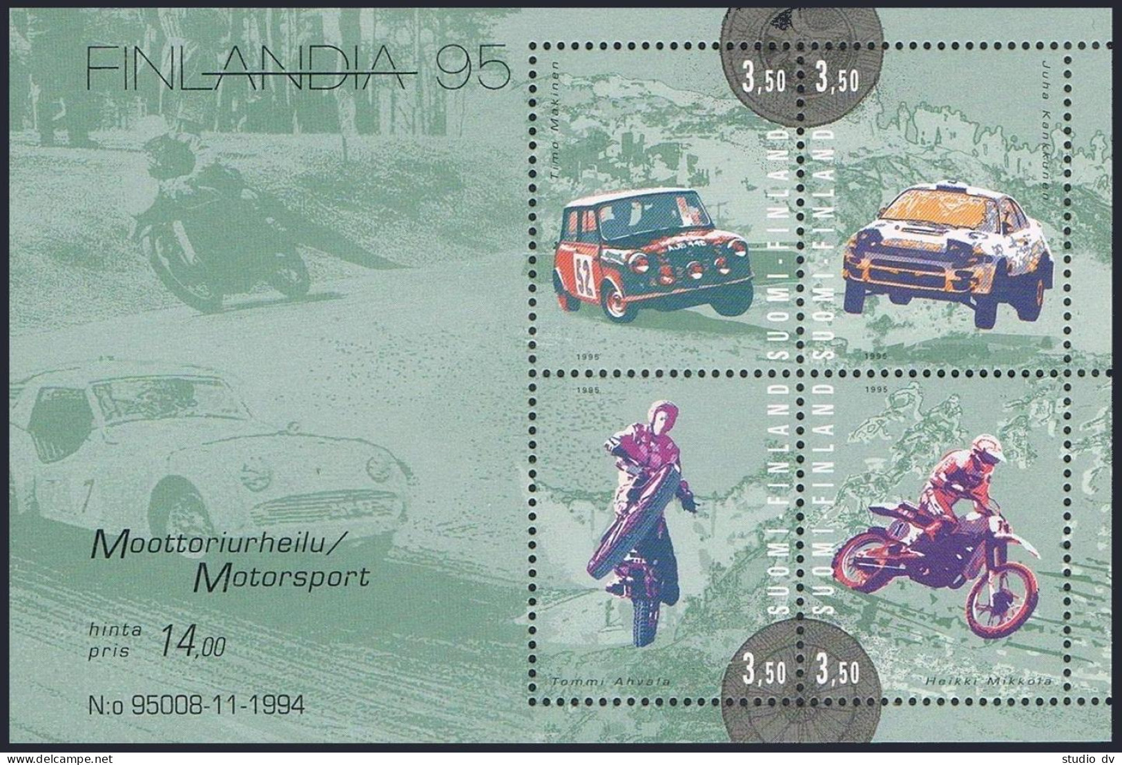 Finland 961 Ad Sheet,MNH.Michel 1297-1300 Bl.16. Motor Sports Drivers,1995. - Unused Stamps