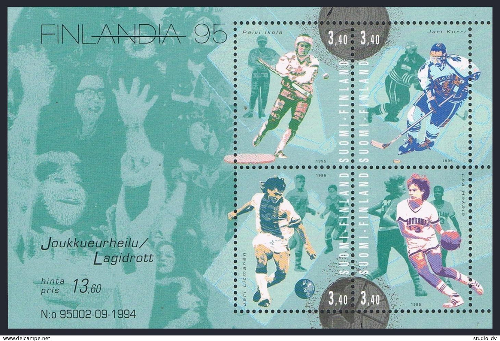 Finland 957 Ad Sheet,MNH.Mi Bl.15. Team Sports,1995.Hockey,Soccer,Basketball. - Nuevos