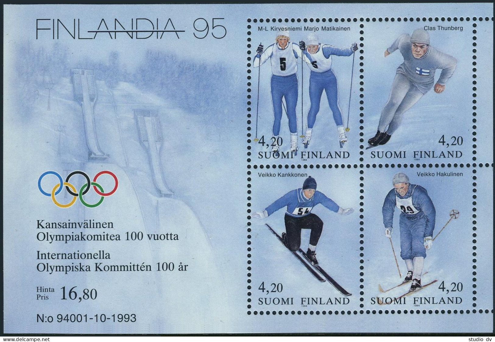 Finland 933 Sheet, MNH. Mi 1236-1239 Bl.11. Olympic Committee-100,1995.Medalists - Unused Stamps