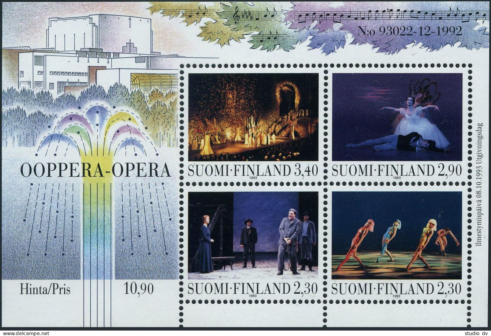 Finland 927 Ad Sheet,MNH.Michel 1229-1232 Bl.10. Opera,Helsinki 1993. - Unused Stamps