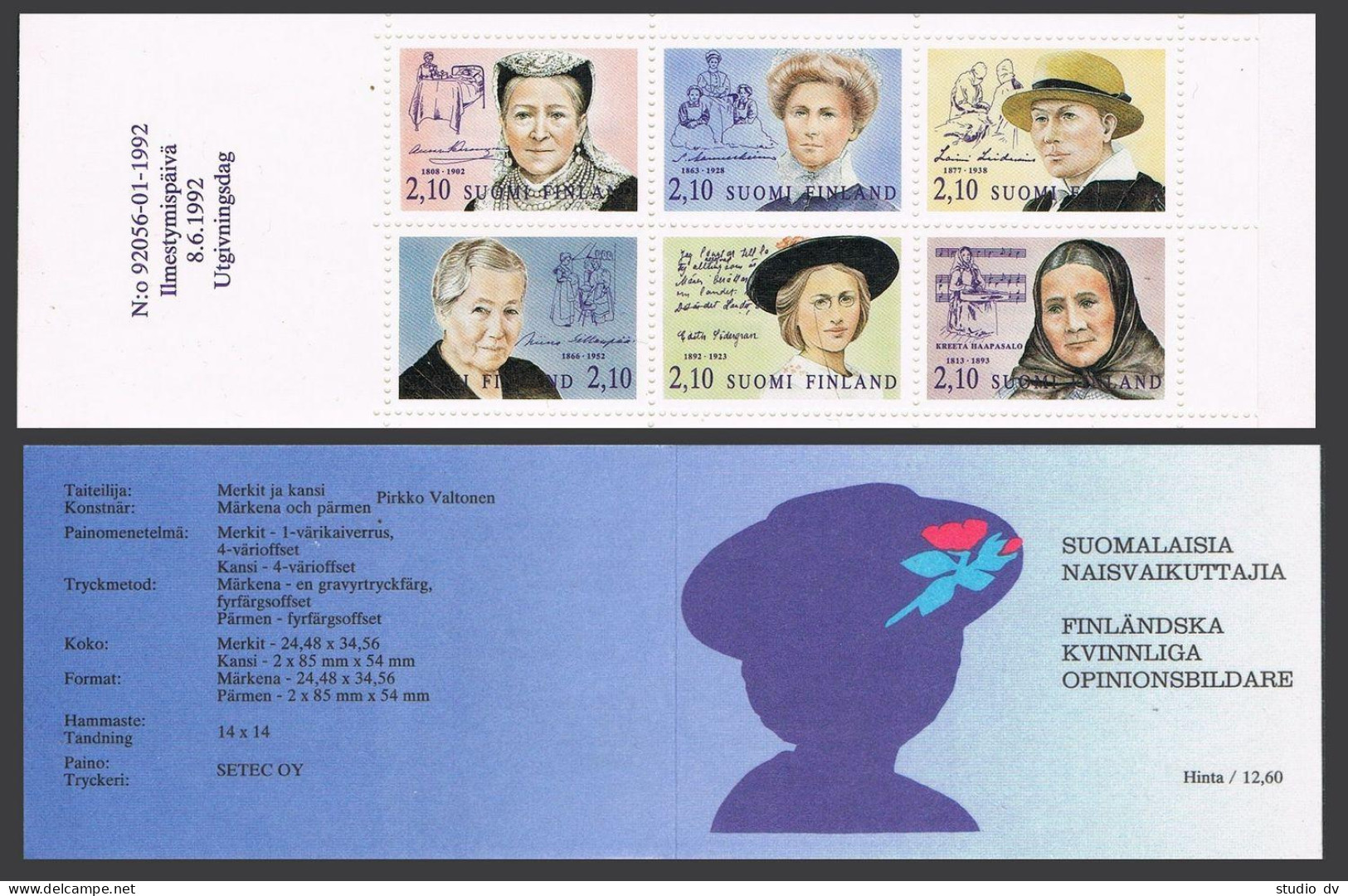 Finland 890-895a Booklet, MNH. Michel 1181-1186 MH 30. Finnish Women, 1992. - Unused Stamps
