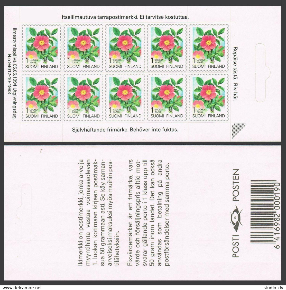 Finland 840 Sheet/10 Self-adhesive Stamps,MNH.Michel 1250Fb.Karelian Rose,1994. - Ongebruikt