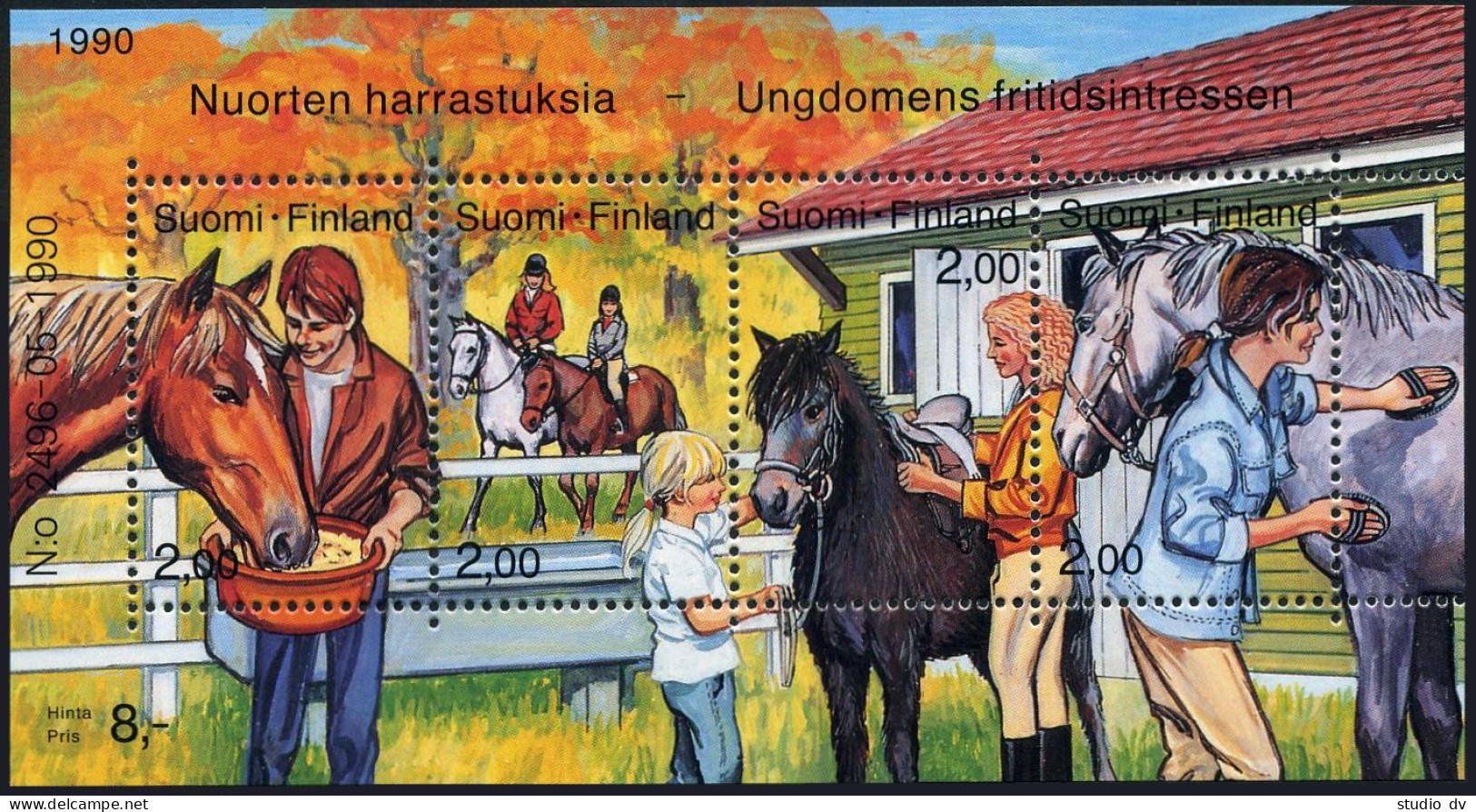Finland 826 Ad,MNH.Michel 1120-1123 Bl.6. Horse Care:Feeding,Riding,Watering, - Unused Stamps