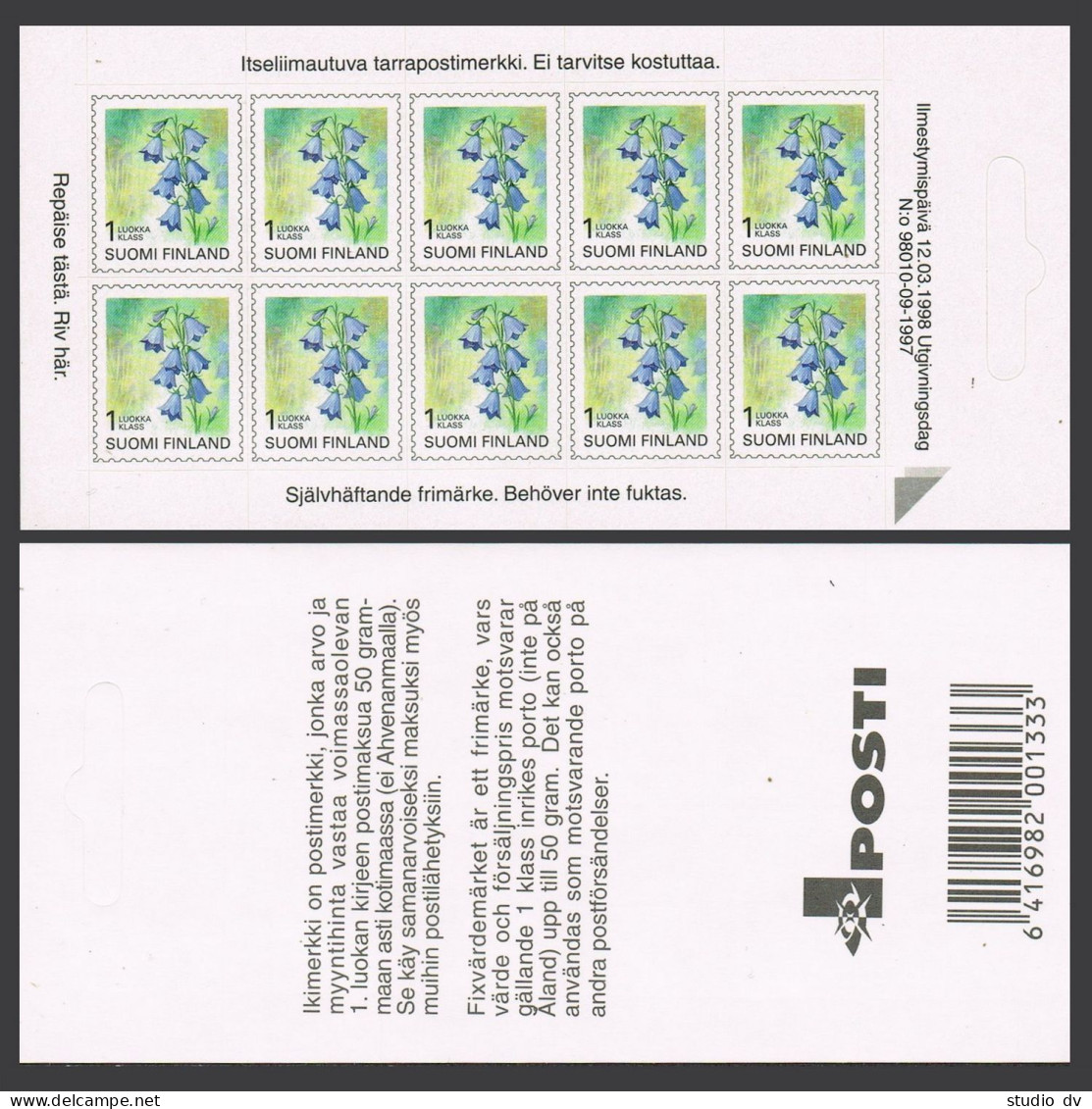 Finland 844 Sheet/10 Self-adhesive Stamps,MNH.Michel 1430 Fb. Harebell,1998. - Ongebruikt