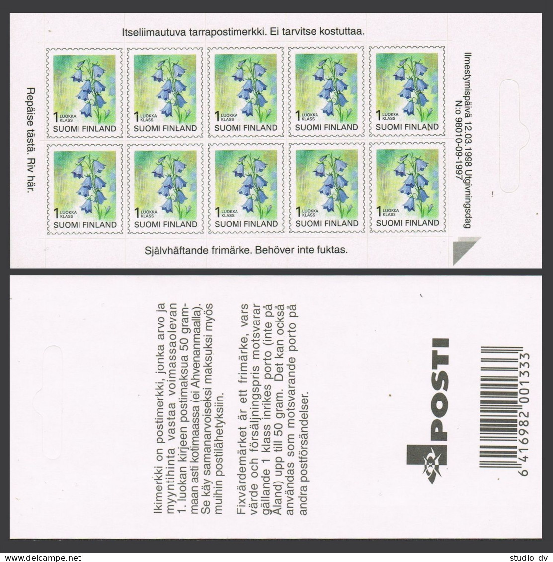 Finland 844 Sheet/10 Self-adhesive Stamps,MNH.Michel 1430 Fb. Harebell,1998. - Nuovi