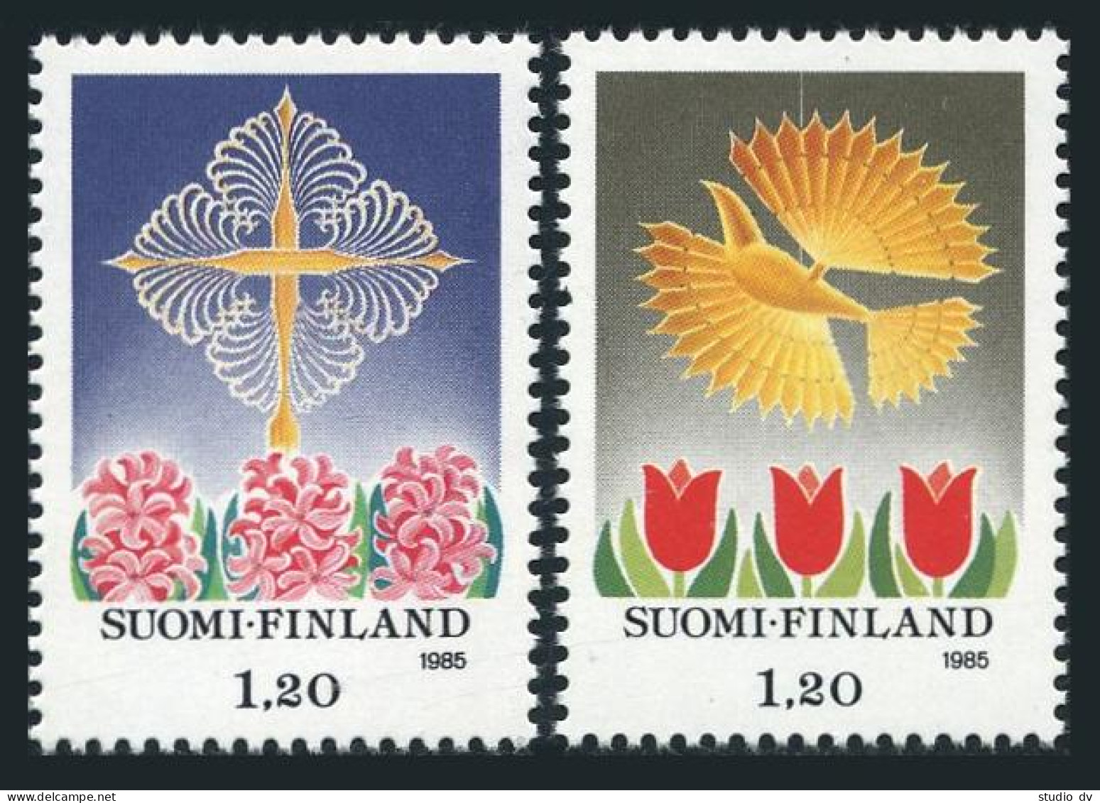 Finland 730-731, MNH. Mi 979-980. Christmas 1985. Bird, Tulips, Hyacinths,Cross. - Unused Stamps