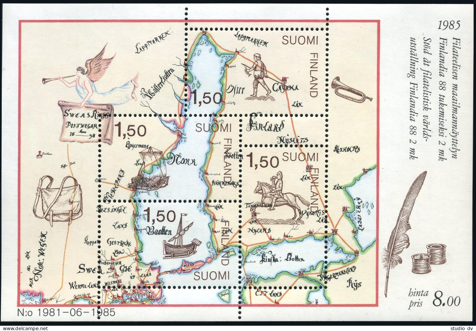 Finland 728 Ad Sheet,MNH.Michel 973-976 Bl.1. FINLANDIA-1988. Postal Ships, Map. - Neufs