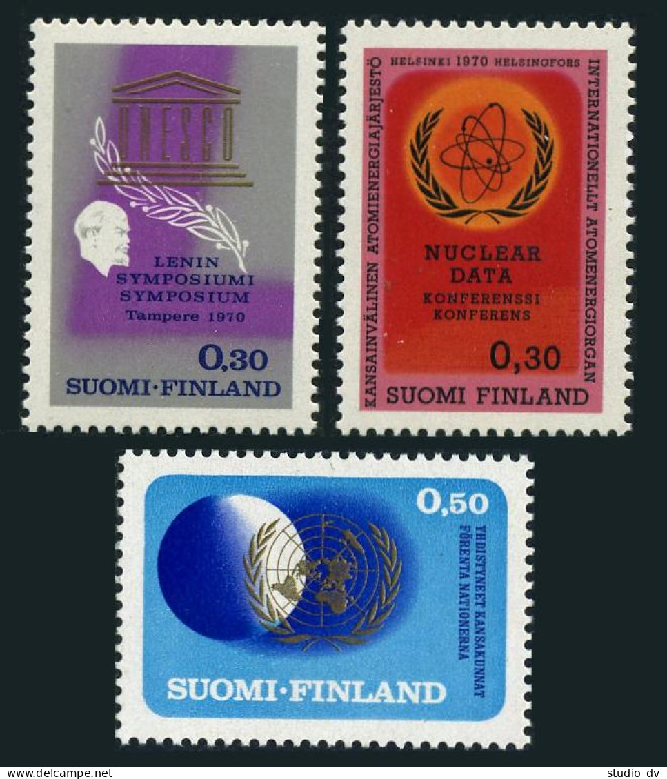 Finland 493-495, MNH. Mi 670,675,682. UN-25. UNESCO, Lenin Symposium, Atom, 1970 - Nuevos