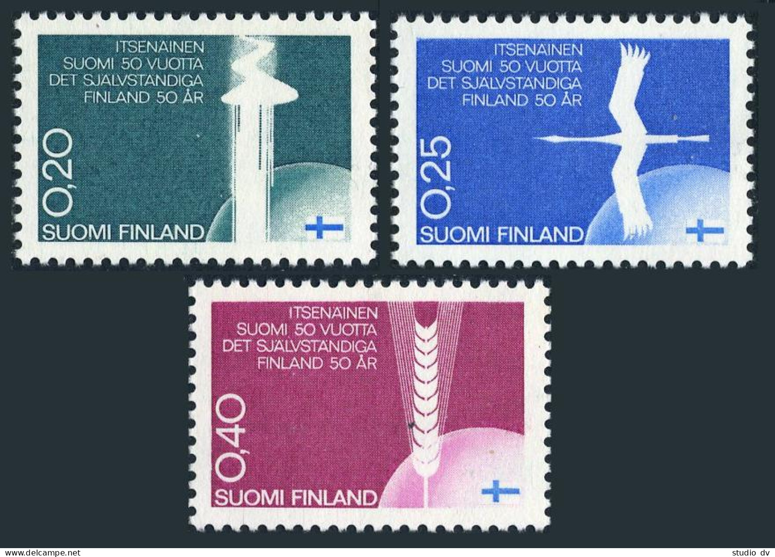 Finland 450-452, MNH. Mi 633-435. Independence-50, 1967. Wood,Swan,Ear Of Wheat. - Neufs