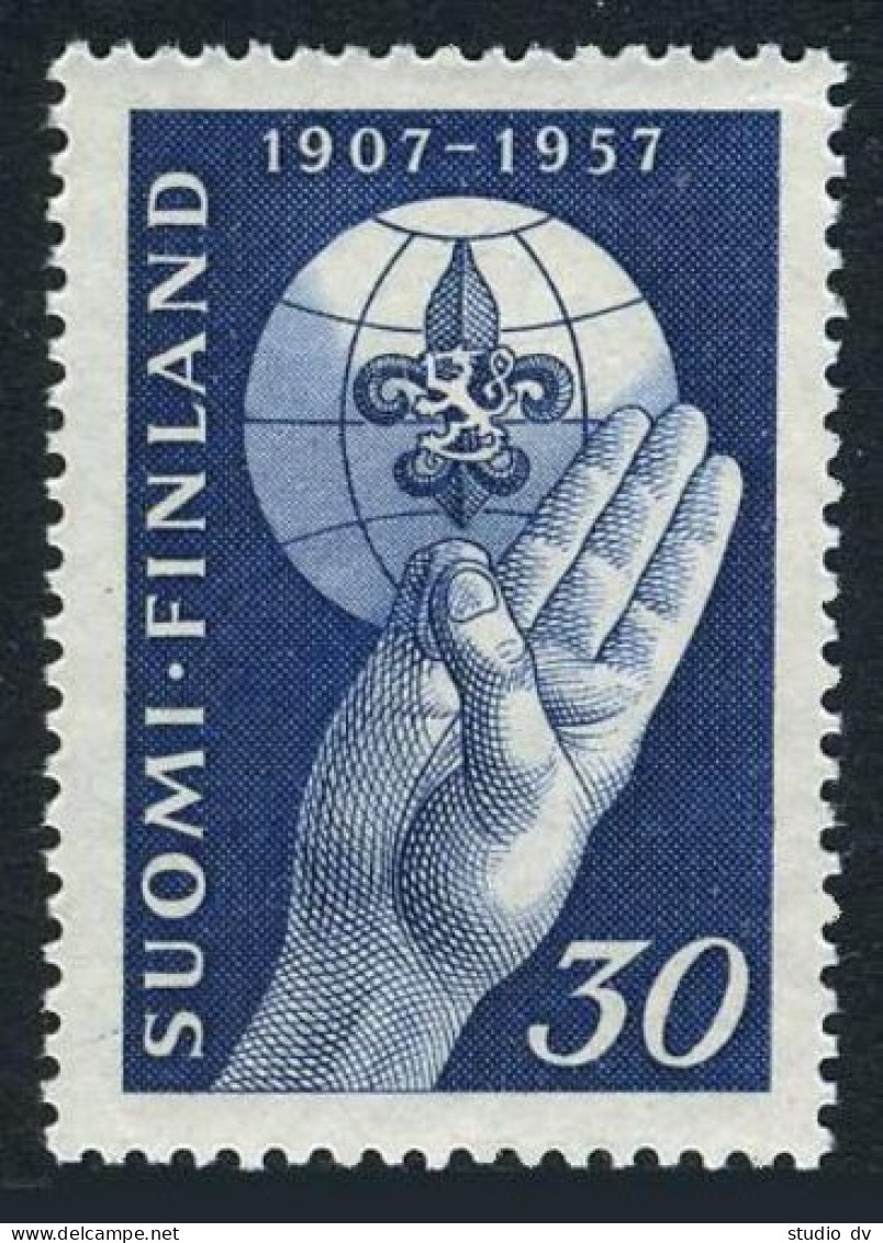 Finland 346, MNH. Michel 473. Boy Scouts,50th Ann.1957. Scout Sign,emblem,globe. - Unused Stamps