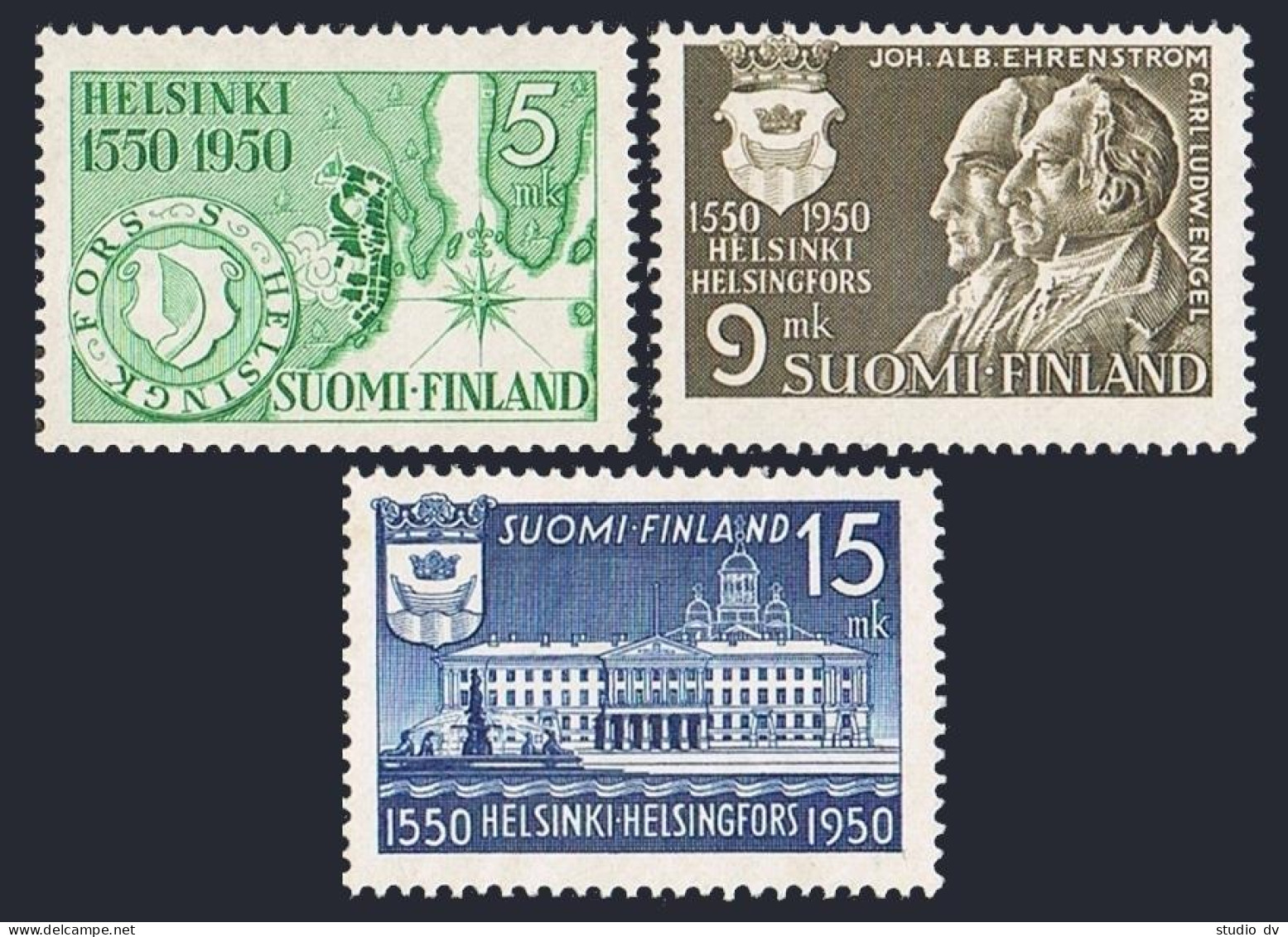 Finland 297-299, MNH. Mi 388-390. Helsinki, 400, 1950. Forsell's Map, Founders, - Neufs