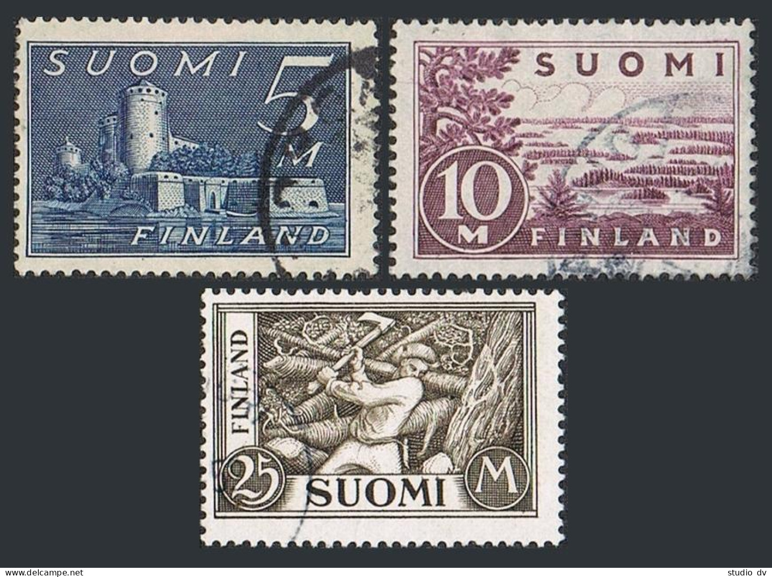 Finland 177,205,179, Used. Mi 155b-157b. Castle, Lake Saima, Woodchopper. 1943. - Usati