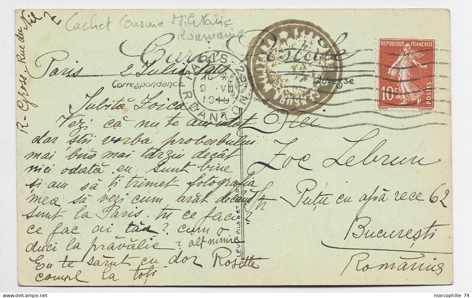 FRANCE SEMEUSE 10C SEUL CARTE PARIS 1919 POUR ROMANIA CENSURE - Briefe U. Dokumente