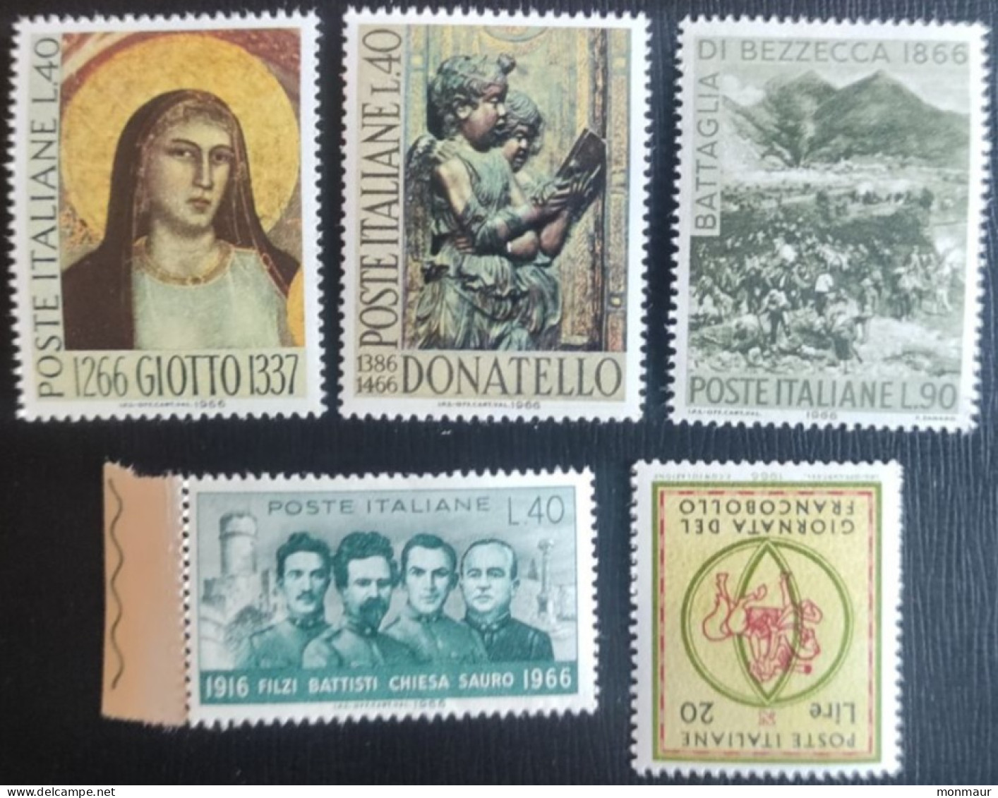 ITALIA 1966 GIOTTO-DONATELLO-BEZZECCA-FILZI BATTISTI-GIORNATA FRANCOBOLLO - 1961-70: Nieuw/plakker