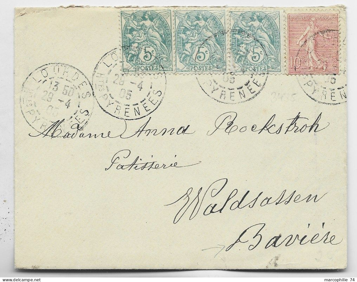 FRANCE BLANC 5CX3+10C SEMEUSE LIGNEE LETTRE LOURDES 29.1.1905 POUR BAVIERE  GERMANY AU TARIF - 1900-29 Blanc