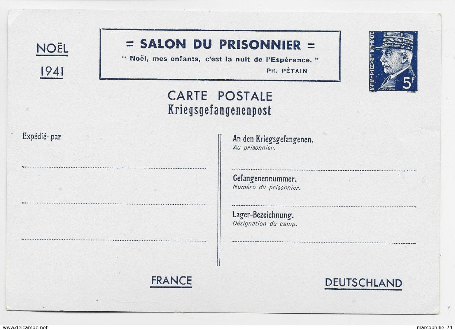 FRANCE ENTIER 5FR PETAIN CARTE NOEL 1941 SALON DU PRISONNIER NEUF SUPERBE COTE 53€ - 1941-42 Pétain