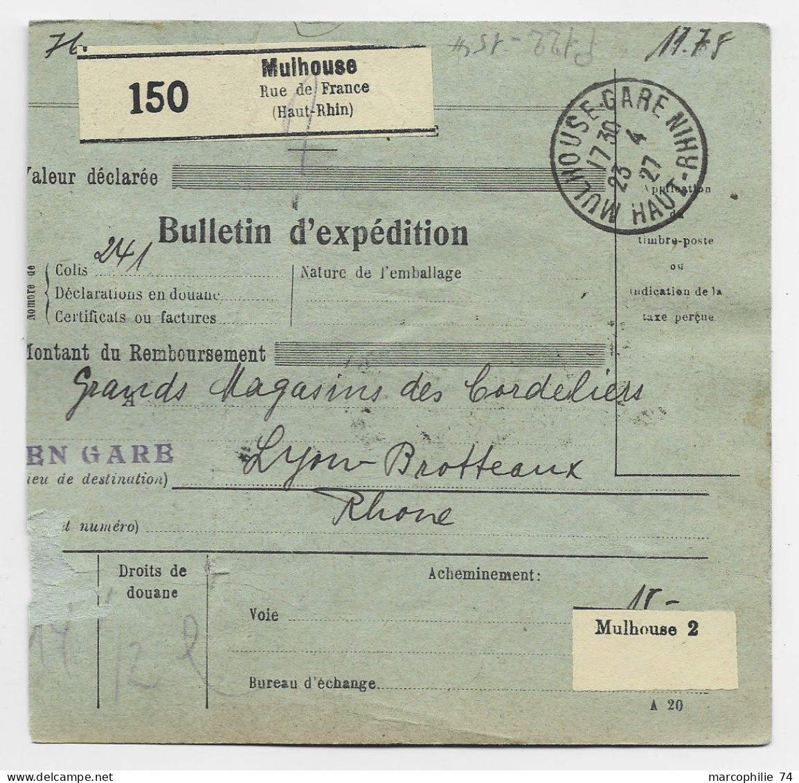 FRANCE MERSON 10FR SEUL AU VERSO BULLETON EXPEDITION MUHLOUSE 23.4.1927 POUR LYON CURIEUX - 1900-27 Merson