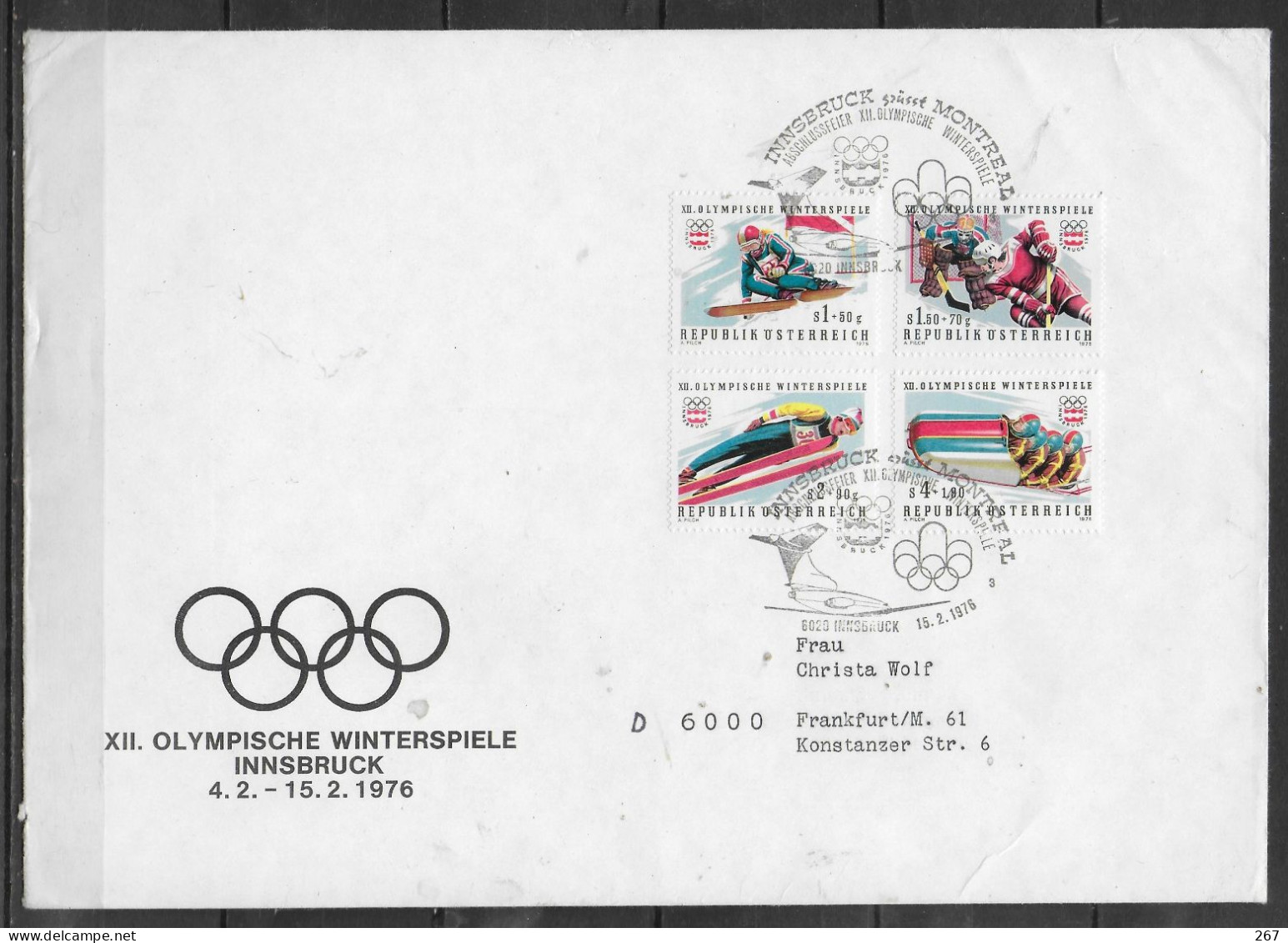 AUTRICHE  FDC  Innsbruck  Jo 1976  Saut A Ski Hockey Sur Glace Bobsleigh - Hockey (sur Glace)