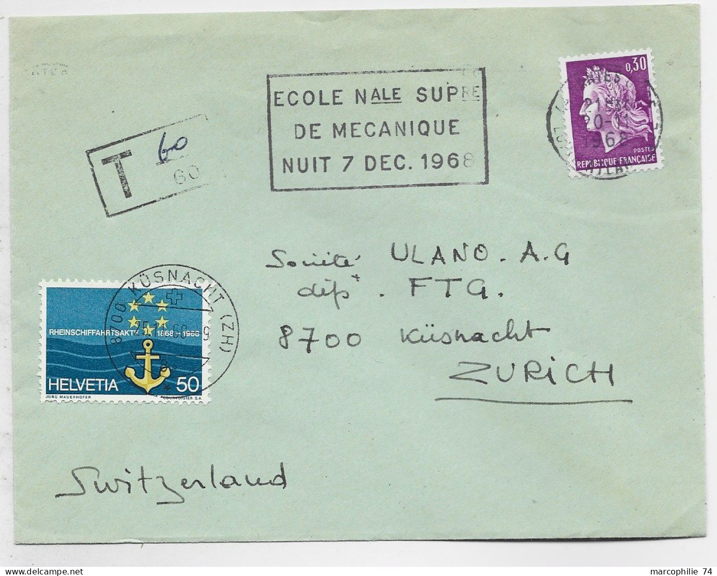 FRANCE CHEFFER 30C VIOLET SEUL LETTRE MEC NANTES 20.11.1968 POUR SUISSE TAXE 50C KUSNACHT - 1967-1970 Marianne (Cheffer)