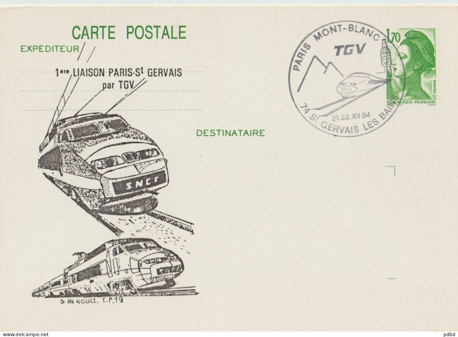 TGV MP 07 . TGV . Entier Postal . 1ère Liaison . Saint Gervais Les Bains . Paris Mont Blanc . 21 12 1984 . - Overprinter Postcards (before 1995)