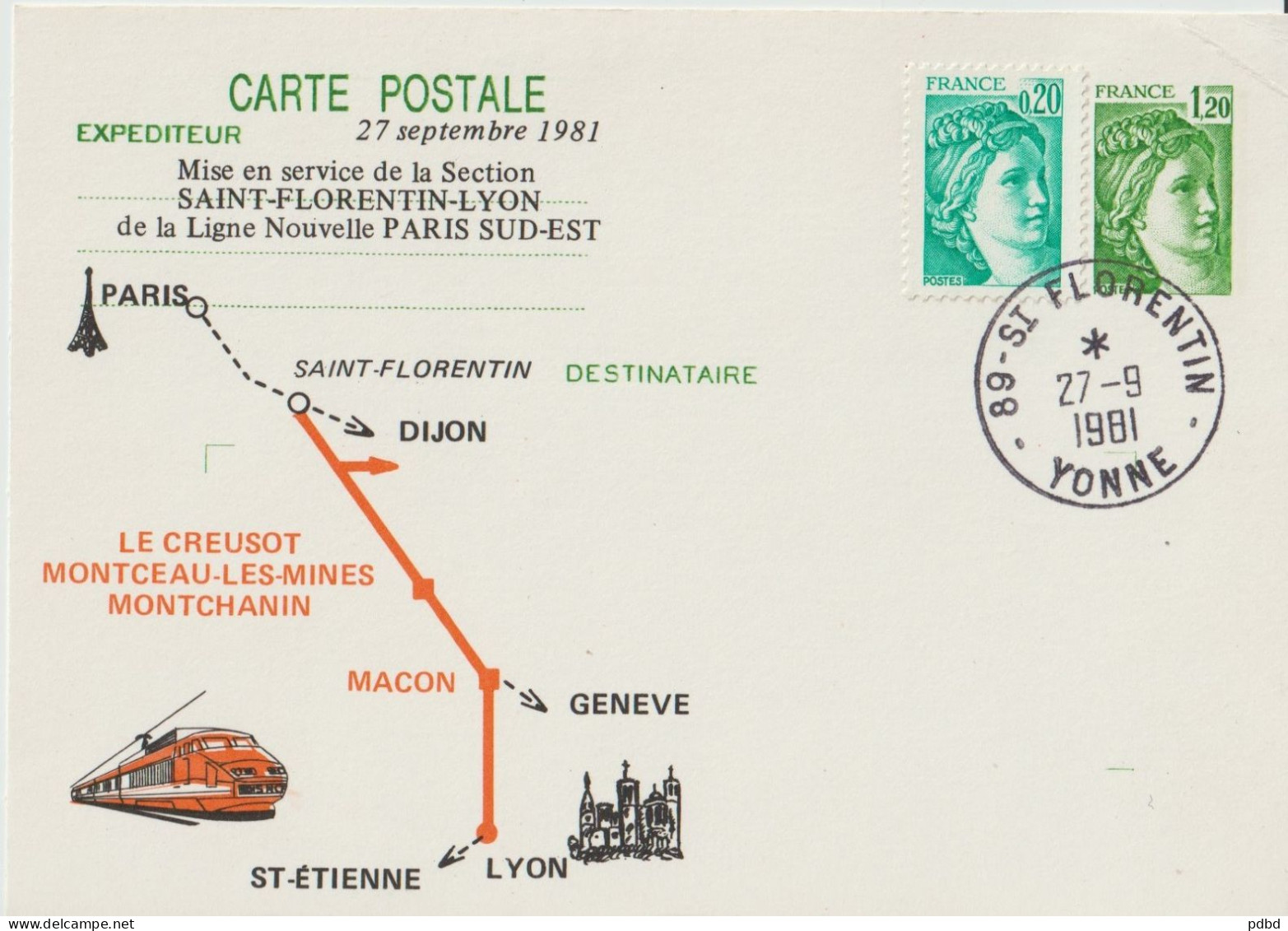 TGV MP 15 . 2 Entiers Postaux . Saint-Florentin Et Paris .CPM . 27 09 1989 . Mise En Service Saint-Florentin à Lyon . - Cartes Postales Types Et TSC (avant 1995)