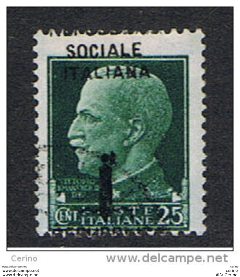 R.S.I.  VARIETA':  1944  SOPRASTAMPATO -  25 C. VERDE  US. - SOPRASTAMPA  IN  BASSO  -  SASS. 491 Pf - Used