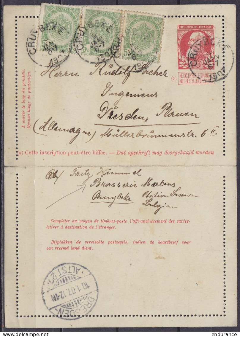 EP Carte-lettre 10c Rouge (N°74) + 3x N°56 Càd CRUYBEKE /9 JANV 1907 Pour DRESDEN Allemgane (au Dos: Càpt Arrivée DRESDE - Letter-Cards