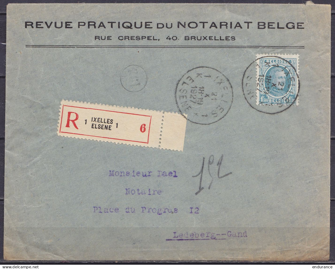 L. Recommandée "Revue Pratique Du Notariat Belge" Affr. N°207 Càd IXELLES 1K /21 X 1927/ ELSENE Pour LEDEBERG-GAND - 1922-1927 Houyoux