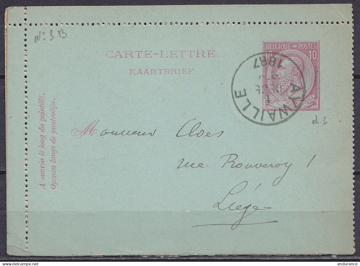 EP Carte-lettre 10c Rouge (N°46) Càd AYWAILLE /1 DECE 1887 Pour LIEGE (au Dos: Càd Arrivée LIEGE) - Letter-Cards