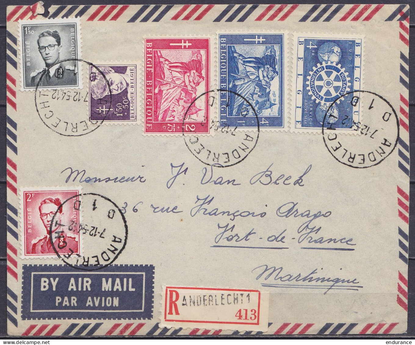 L. Par Avion Recommandée Affr. 15f Càd ANDELECHT 1D /7-12-1954 Pour FORT-DE-FRANCE Martinique - Covers & Documents