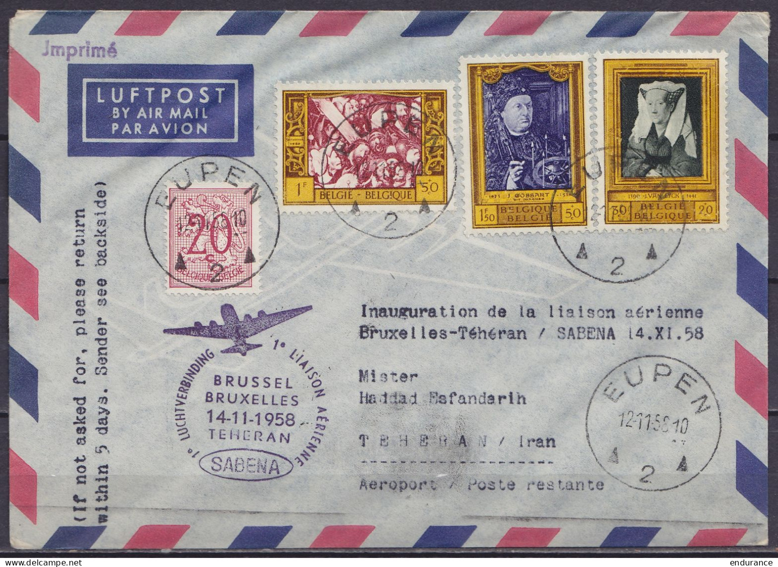 L. Par Avion Affr. 3f Càd EUPEN /12-11-1958 Pour TEHERAN Iran - Cachet "SABENA / 1e LIAISON AERIENNE BRUXELLES - TEHERAN - Covers & Documents