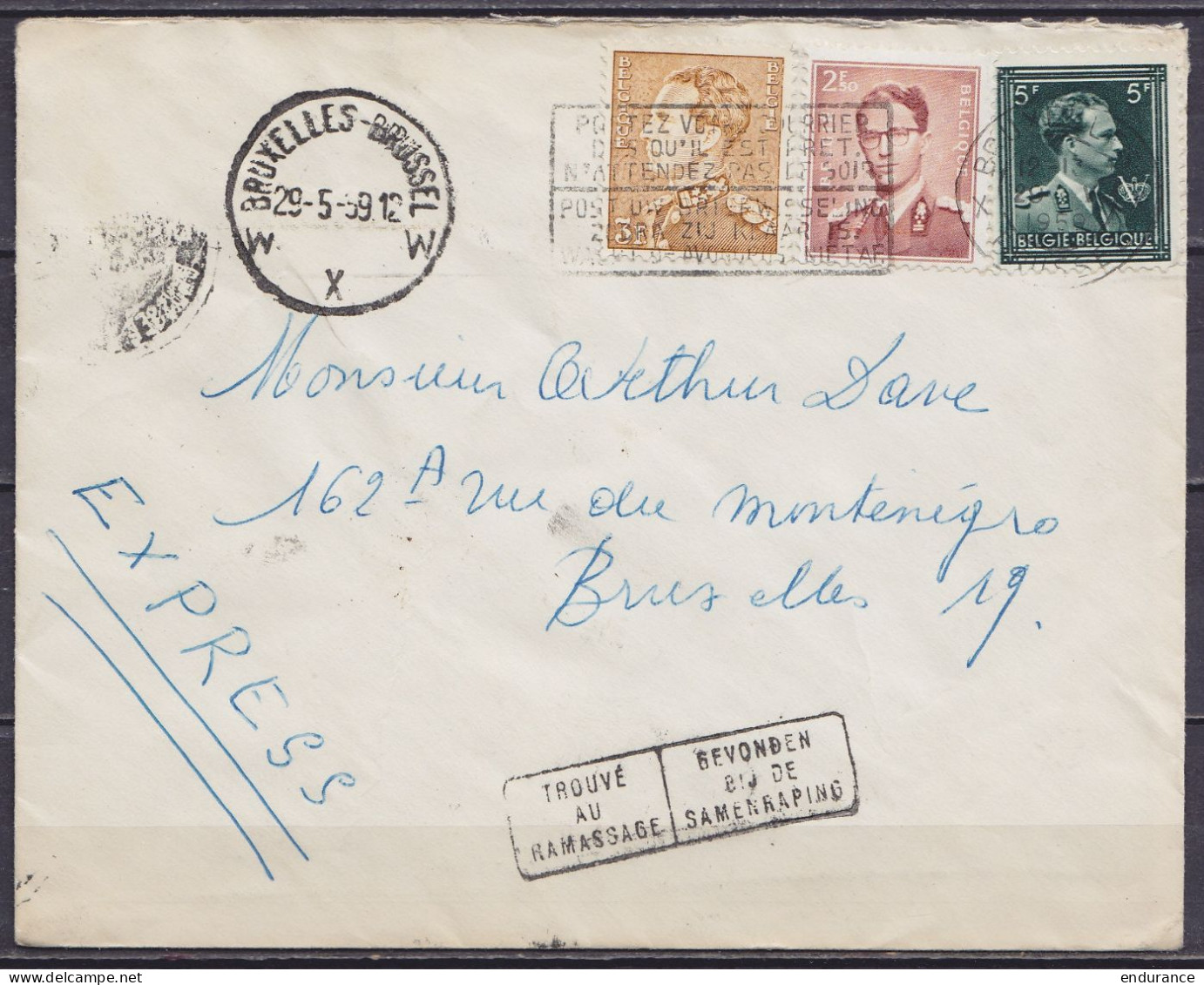 L. Exprès Affr. N°696+847+1028 Flam. BRUXELLES /29-5-1959 Pour E/V - [TROUVE AU RAMASSAGE / GEVONDEN BIJ DE SAMENRAPING] - Storia Postale