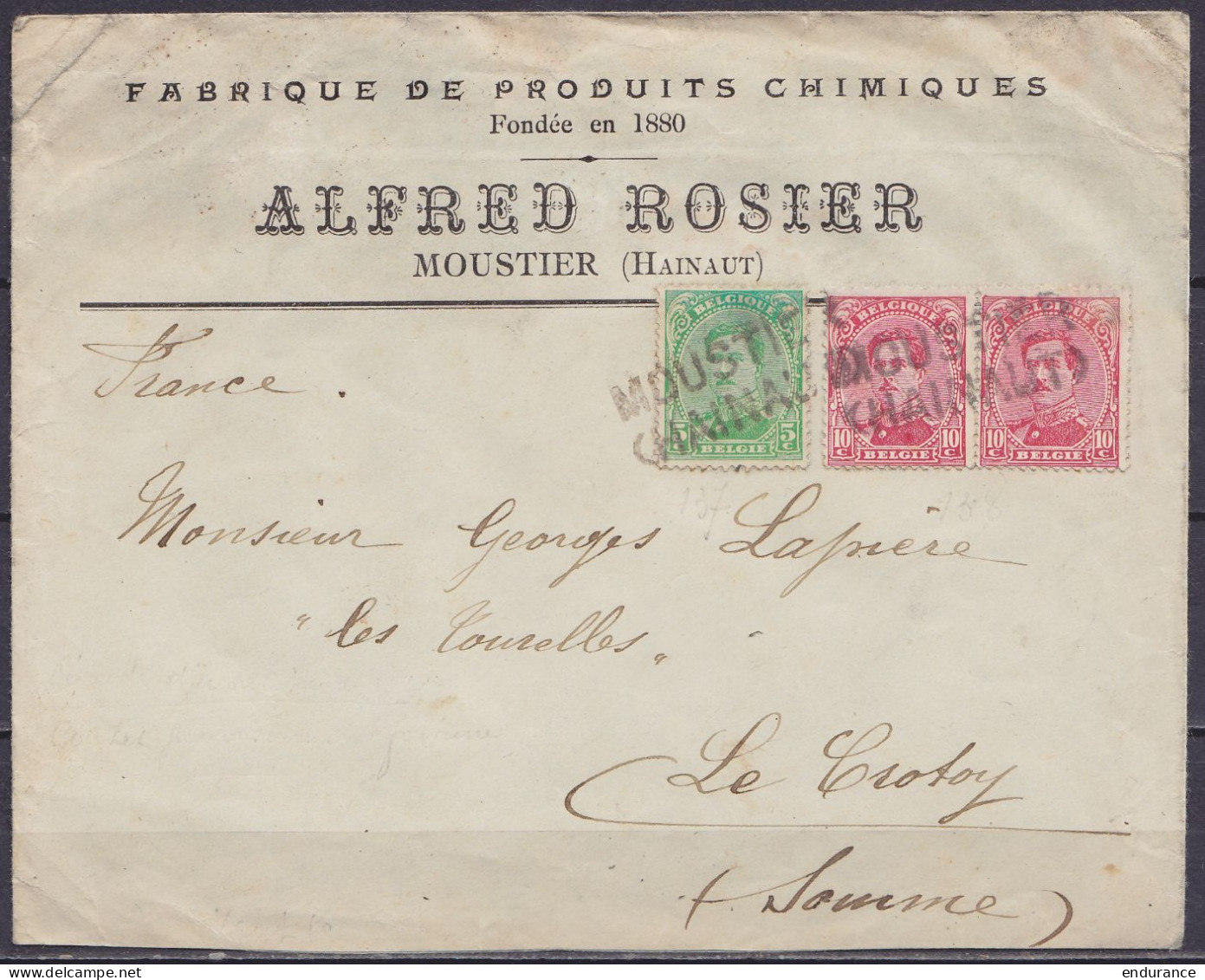 L. "Fabrique De Produits Chimiques Alfred Rosier" Affr. Paire N°138 + N°137 Annul. Fortune "MOUSTIER / (HAINAUT)" Pour L - 1915-1920 Albert I.