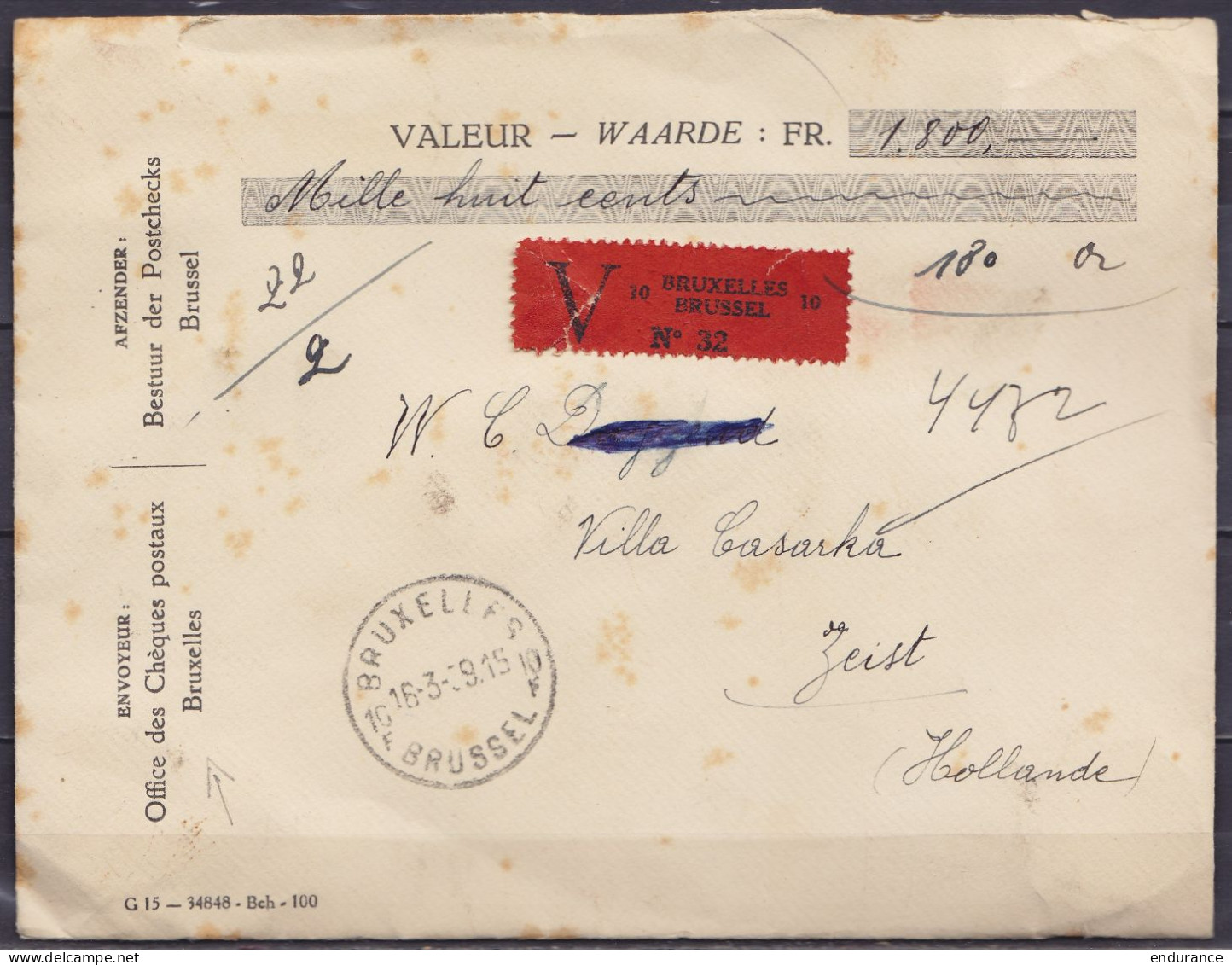 L. Assurée (1800fr) "Office De Chèques Postaux" (R En Assuré !) Affr. (au Dos) N°323+419+420+426 Càd BRUXELLES 10F /16-3 - 1935-1949 Small Seal Of The State
